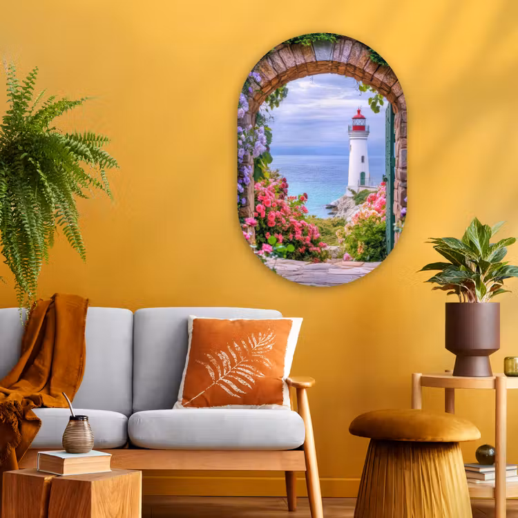 Doorkijk - Vuurtoren - Bloemen - Uitzicht Wandcirkel Ovaal Glas middel -sfeer4