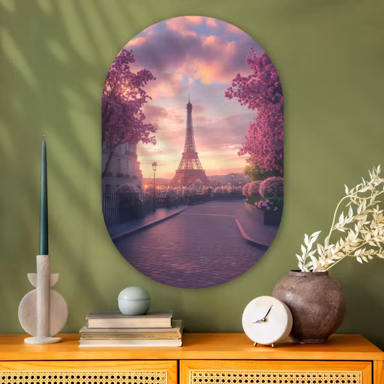 Eiffeltoren - Parijs - Roze Wandcirkel Ovaal Glas middel -sfeer2