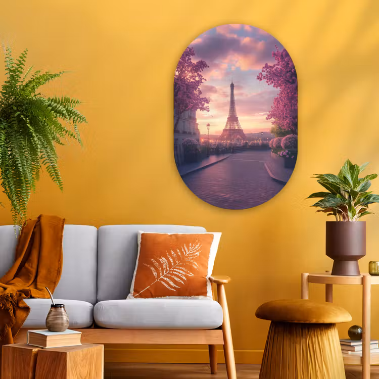Eiffeltoren - Parijs - Roze Wandcirkel Ovaal Glas middel -sfeer4