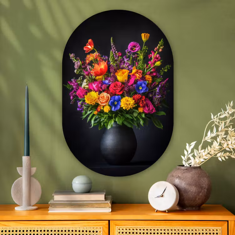 Felgekleurd - Bloemen - Vaas Wandcirkel Ovaal Glas middel -sfeer2