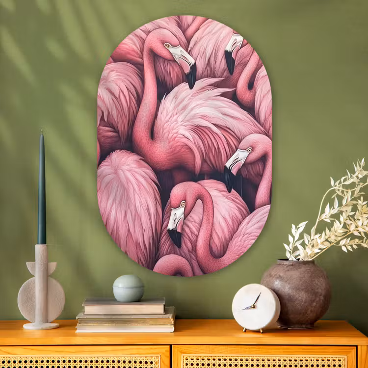 Flamingo - Roze - Dieren Wandcirkel Ovaal Glas middel -sfeer2