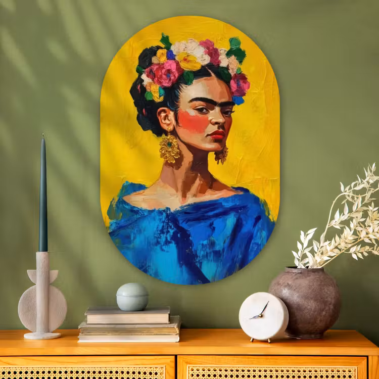 Frida Kahlo - Vrouw - Geel - Blauw - Bloemen Wandcirkel Ovaal Glas middel -sfeer2