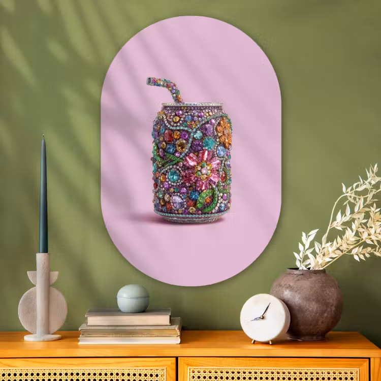 Frisdrankblikje - Bloemenpatroon - Edelstenen - Kleurrijk Wandcirkel Ovaal Glas middel -sfeer2
