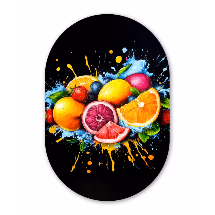 Fruit - Graffiti - Kleurrijk - Sinaasappel - Aardbei - Abstract Wandcirkel Ovaal Glas middel -3d
