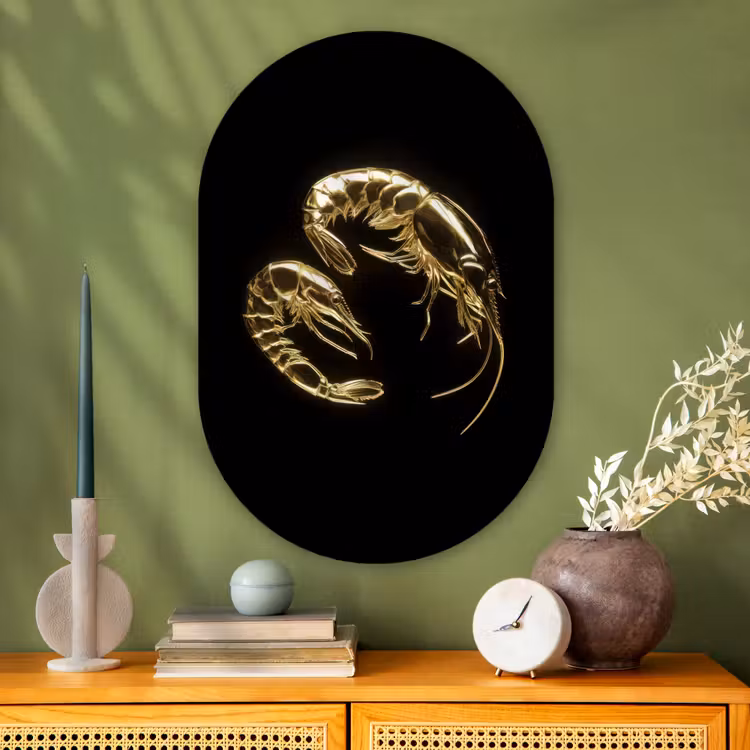 Garnalen - Zwart - Goud - Dieren Wandcirkel Ovaal Glas middel -sfeer2