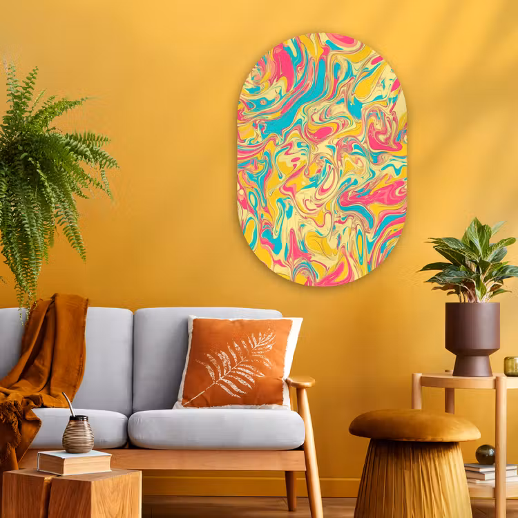 Geel - Roze - Blauw - Retro Wandcirkel Ovaal Glas middel -sfeer4