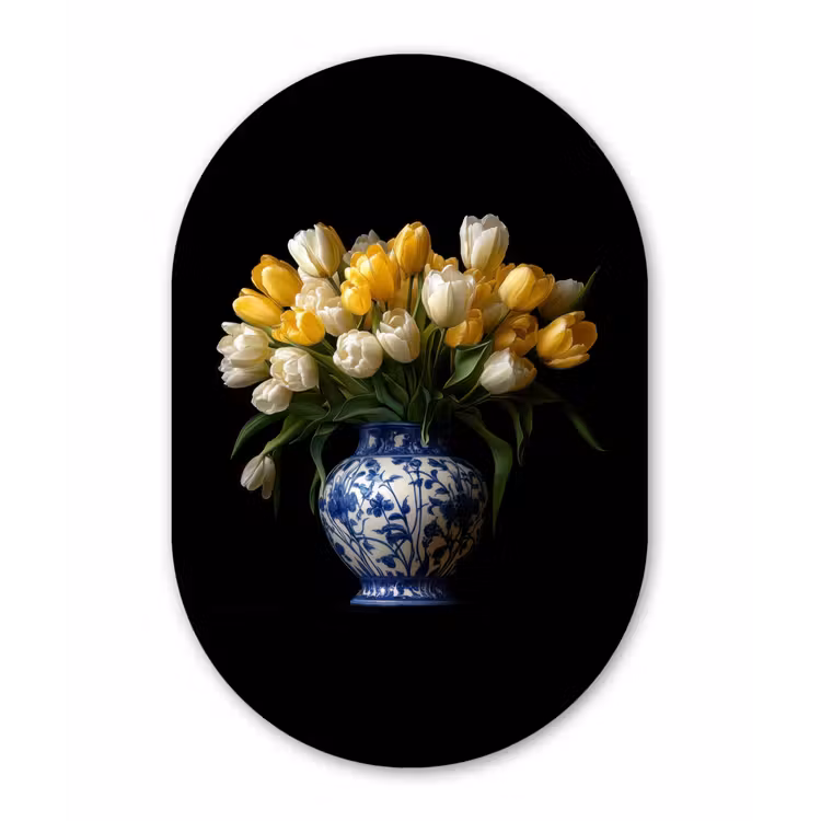 Geel - Tulpen - Vaas - Bloemen Wandcirkel Ovaal Glas middel -3d