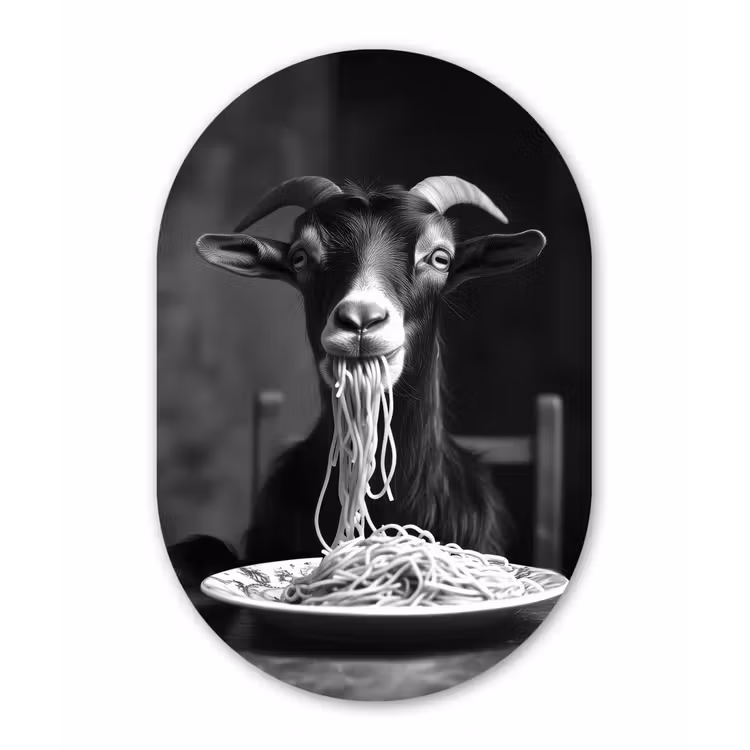 Geit - Bord - Spaghetti - Zwart Wit Wandcirkel Ovaal Glas middel -3d