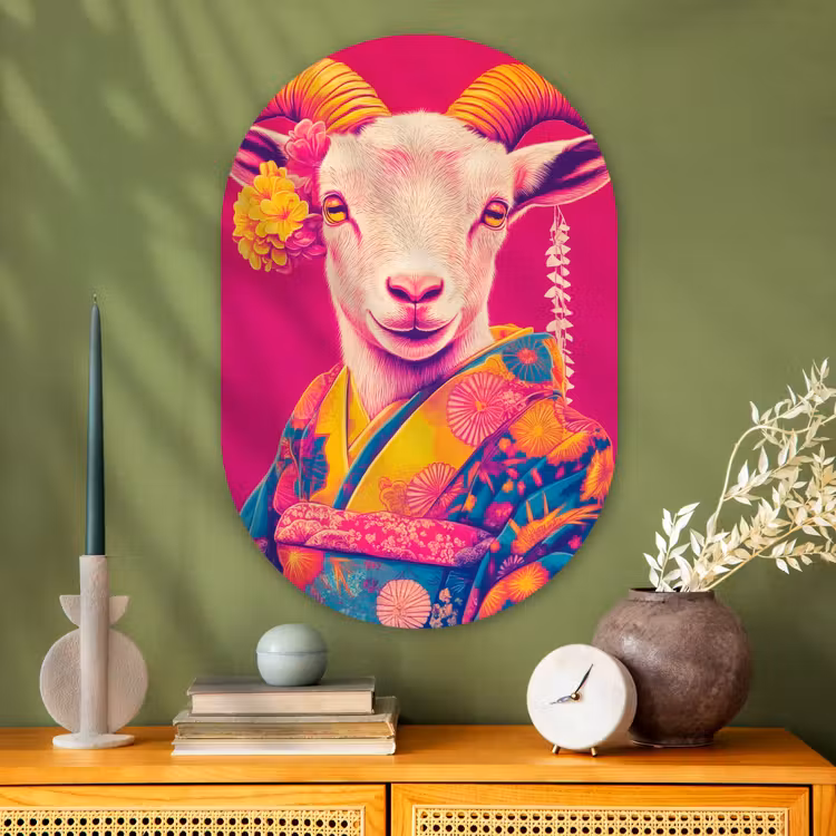 Geit - Hoorns - Kimono - Kleurrijk Wandcirkel Ovaal Glas middel -sfeer2