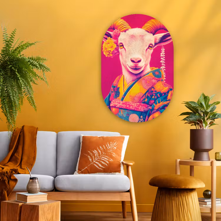 Geit - Hoorns - Kimono - Kleurrijk Wandcirkel Ovaal Glas middel -sfeer4