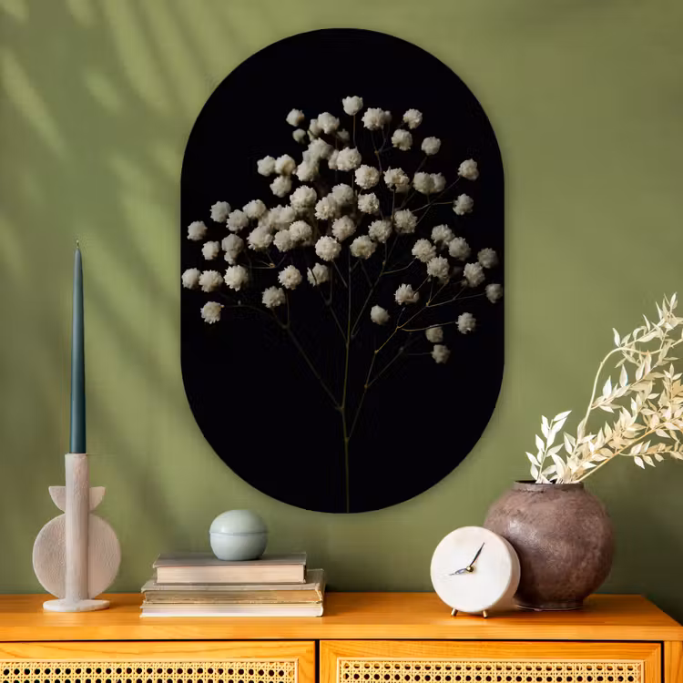 Gipskruid - Bloemetjes - Wit - Minimalistisch Wandcirkel Ovaal Glas middel -sfeer2