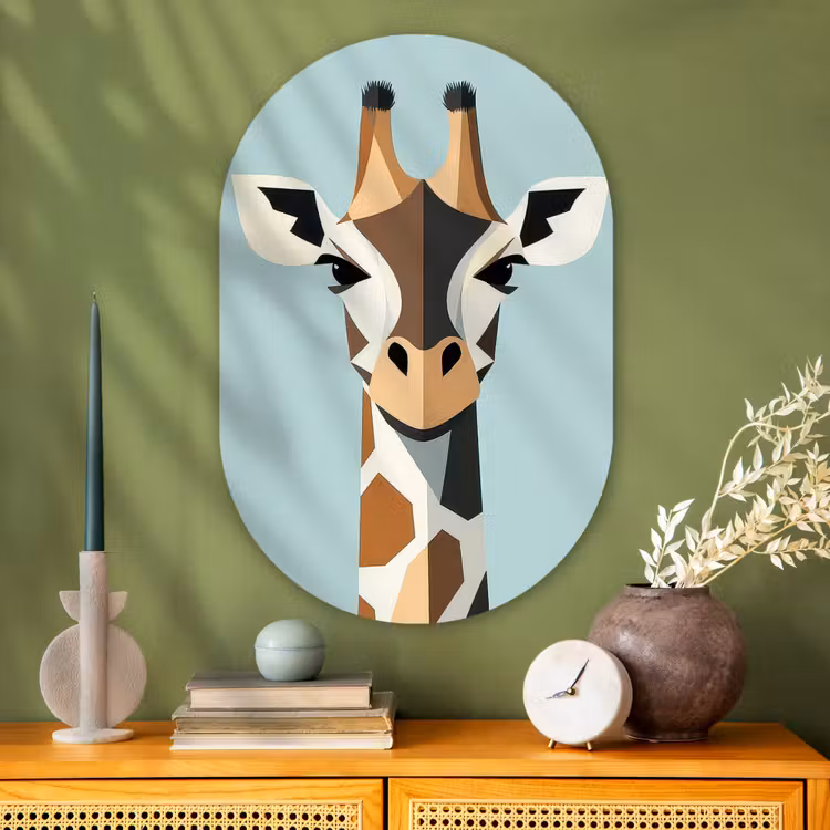 Giraffe - Illustratie - Bruin - Minimalistisch Wandcirkel Ovaal Glas middel -sfeer2