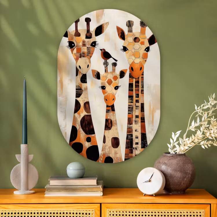 Giraffen - Cartoon - Crème Wandcirkel Ovaal Glas middel -sfeer2