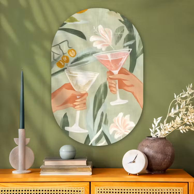 Glazen - Proosten - Bladeren - Groen Wandcirkel Ovaal Glas middel -sfeer2