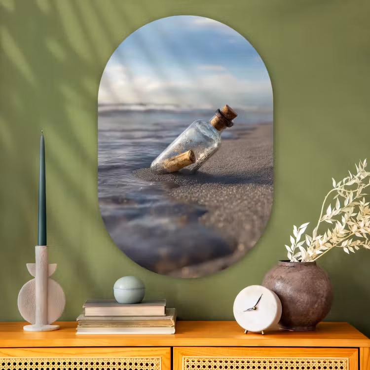 Glazenfles - Post - Zee - Zand Wandcirkel Ovaal Glas middel -sfeer2