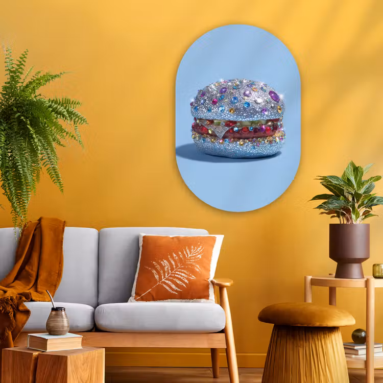 Glitters - Hamburger - Blauw Wandcirkel Ovaal Glas middel -sfeer4