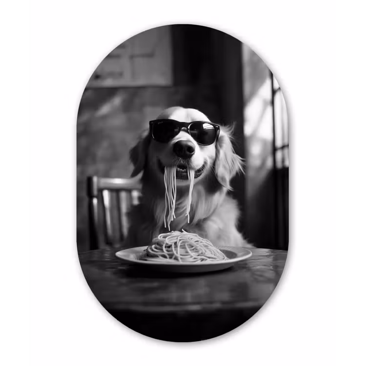 Golden Retriever - Hond - Vrolijk - Bord spaghetti - Zwart - wit Wandcirkel Ovaal Glas middel -3d