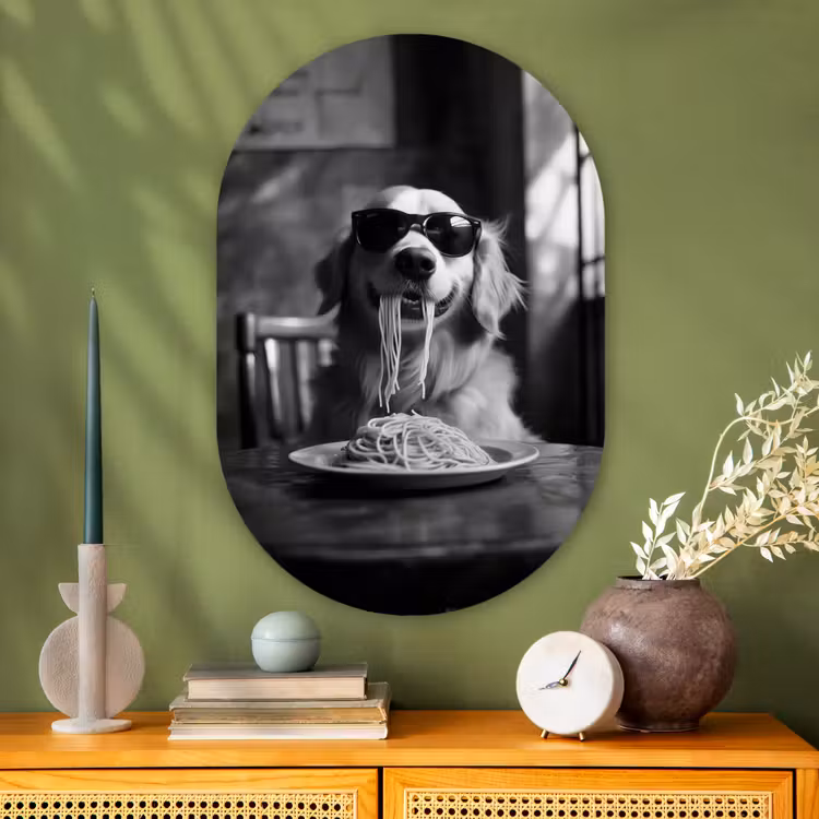 Golden Retriever - Hond - Vrolijk - Bord spaghetti - Zwart - wit Wandcirkel Ovaal Glas middel -sfeer2