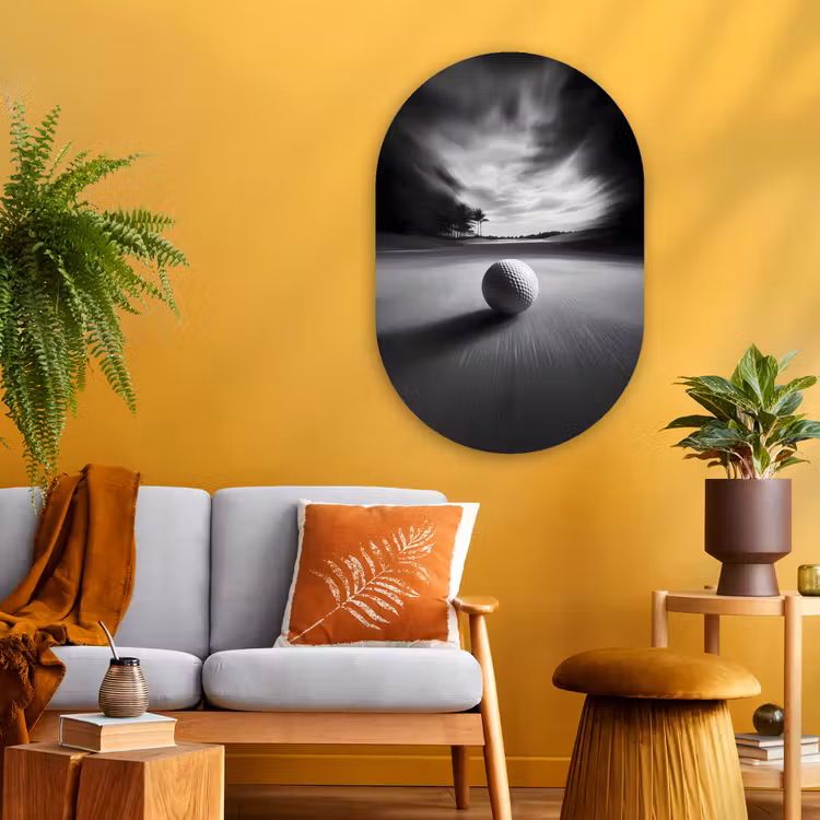 Golfbal - Wazig - Zwart Wandcirkel Ovaal Glas middel -sfeer4