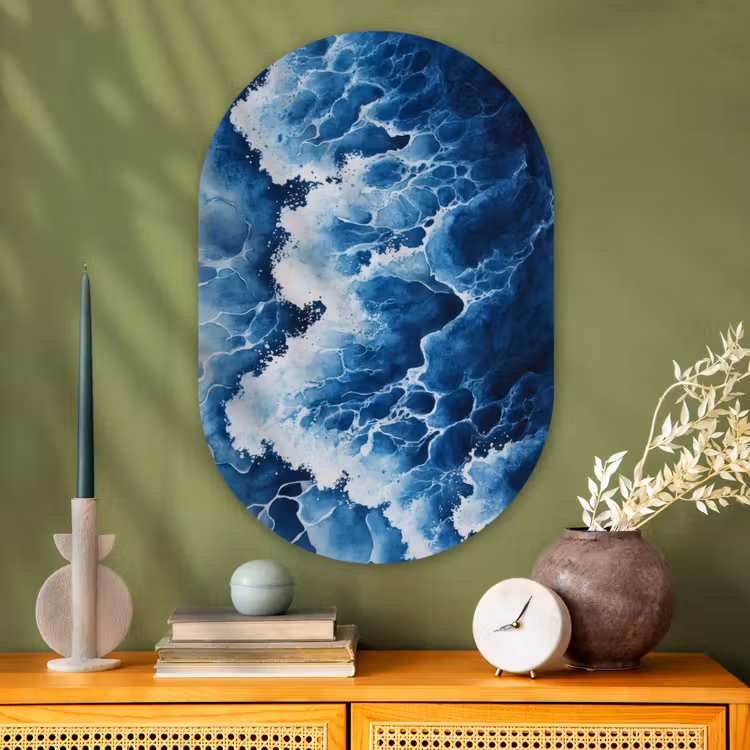 Golven - Blauw - Schuim Wandcirkel Ovaal Glas middel -sfeer2