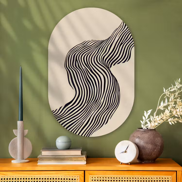 Golvend - Lijnen - Abstract - Silhouet Wandcirkel Ovaal Glas middel -sfeer2