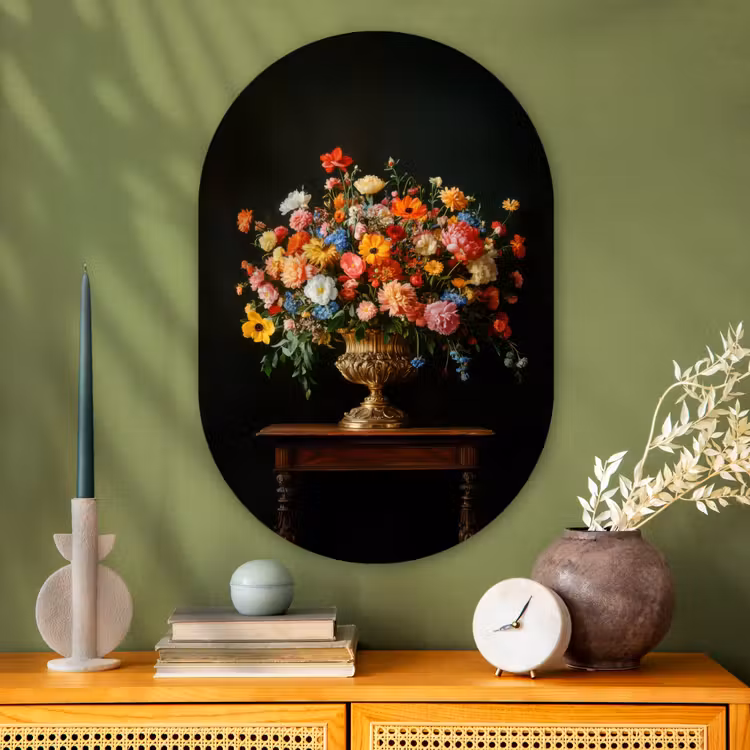 Goud - Bloemen - Kleuren - Vaas Wandcirkel Ovaal Glas middel -sfeer2