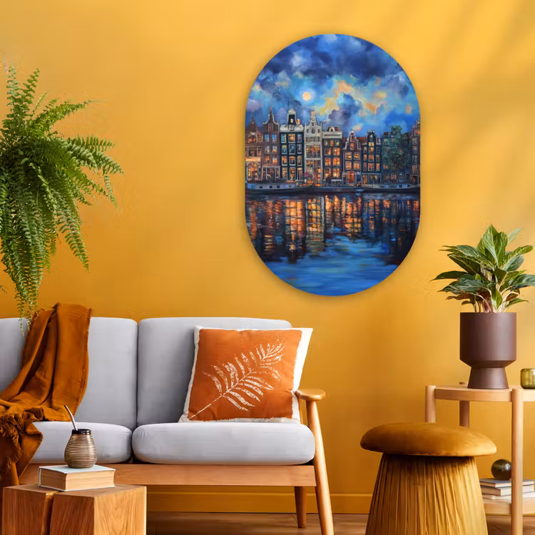 Grachten Amsterdam - Huizen - Stad - Kleurrijk Wandcirkel Ovaal Glas middel -sfeer4