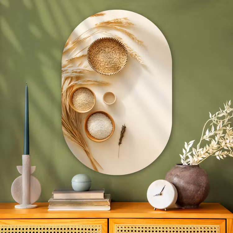 Granen - Hout - Kom - Beige Wandcirkel Ovaal Glas middel -sfeer2