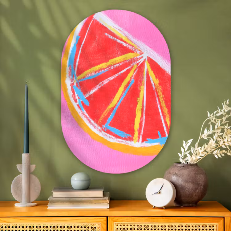 Grapefruit - Geschilderd - Roze - Strepen Wandcirkel Ovaal Glas middel -sfeer2