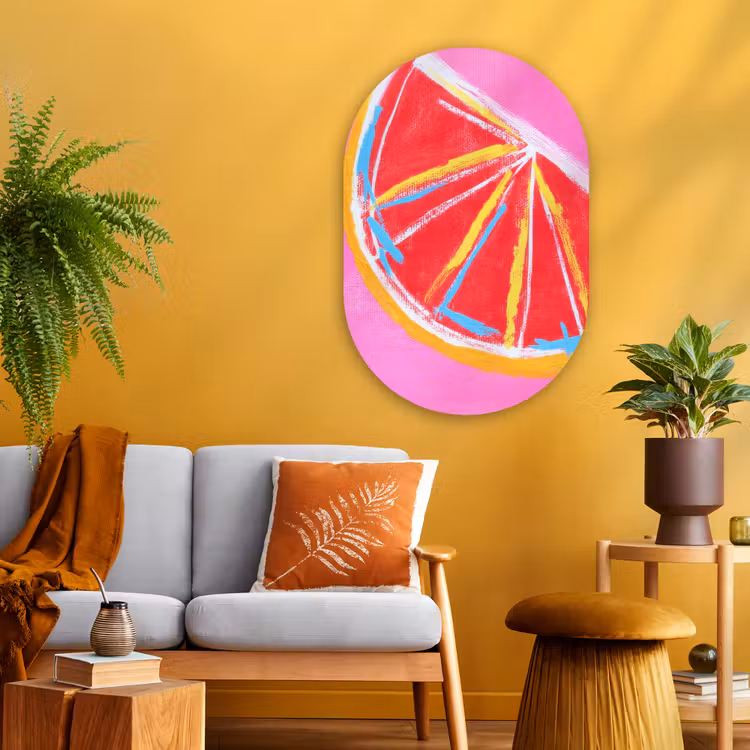 Grapefruit - Geschilderd - Roze - Strepen Wandcirkel Ovaal Glas middel -sfeer4