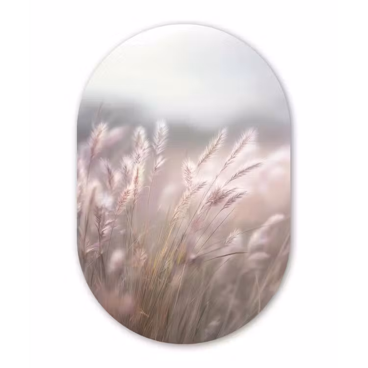 Graspluimen - Wind - Beige - Mistig Wandcirkel Ovaal Glas middel -3d