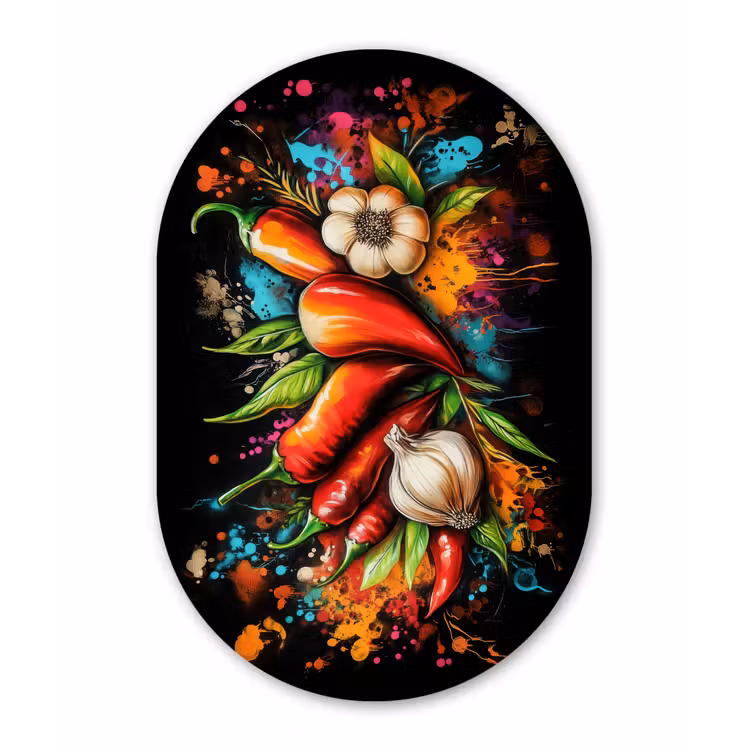 Groente - Peper - Knoflook - Graffiti - Verf - Kleurrijk Wandcirkel Ovaal Glas middel -3d