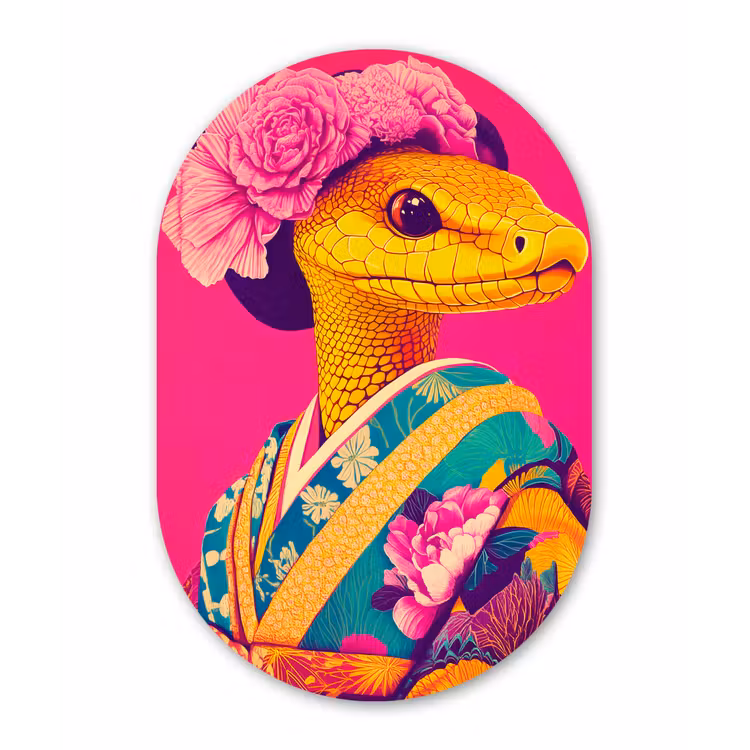 Hagedis - Bloemen - Roze - Kimono Wandcirkel Ovaal Glas middel -3d