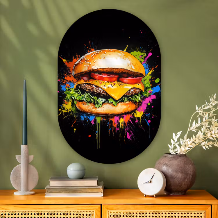 Hamburger - Graffiti - Verf - Kleurrijk - Eten - Abstract Wandcirkel Ovaal Glas middel -sfeer2