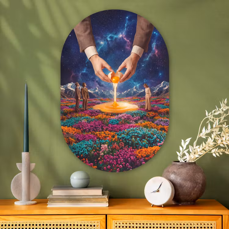 Muurovaal glas - Handen - Ei - Surrealisme - Handen - Ei - Surrealisme Wandcirkel Ovaal Glas middel