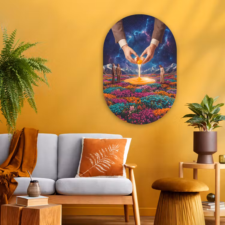 Muurovaal glas - Handen - Ei - Surrealisme - Handen - Ei - Surrealisme Wandcirkel Ovaal Glas middel