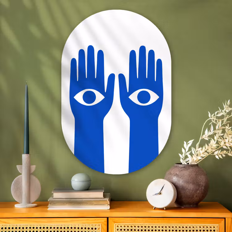 Handen - Twee - Ogen - Blauw Wandcirkel Ovaal Glas middel -sfeer2
