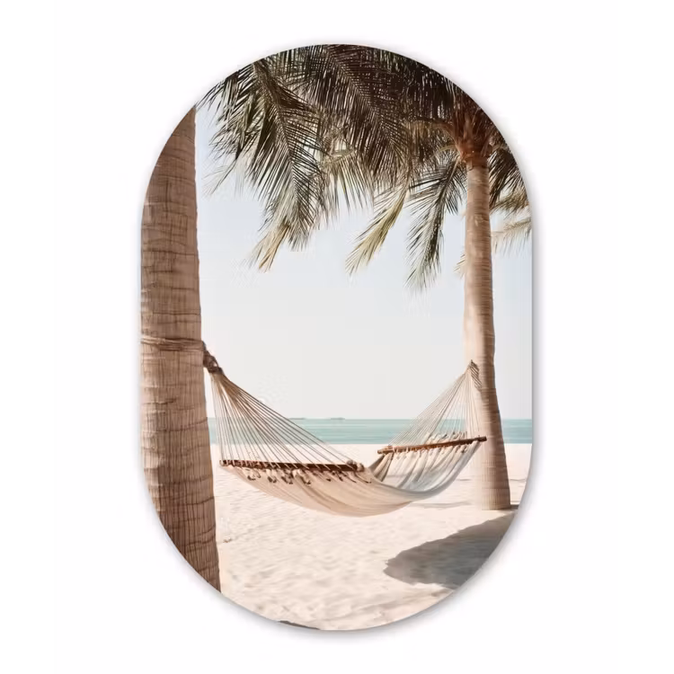 Hangmat - Palmbomen - Strand - Zee Wandcirkel Ovaal Glas middel -3d