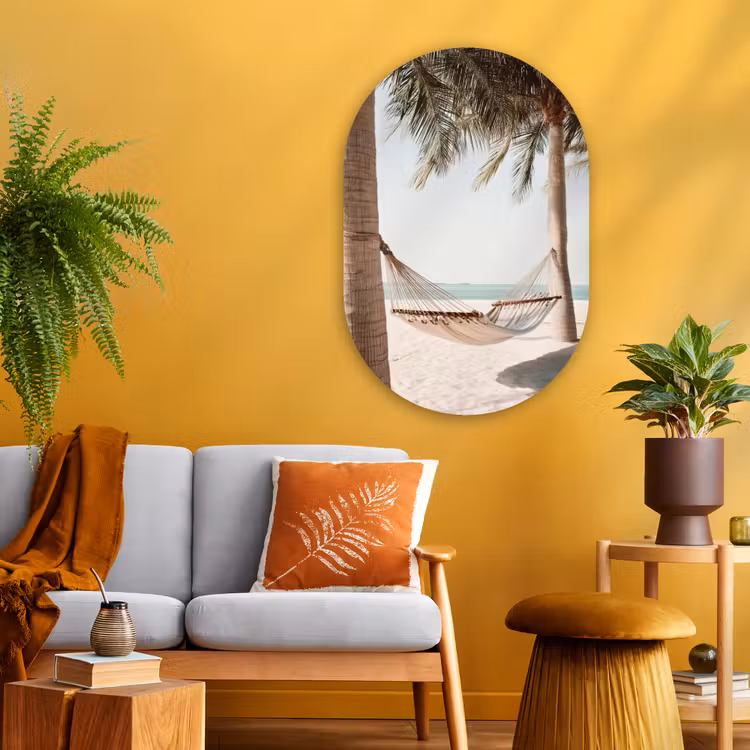 Hangmat - Palmbomen - Strand - Zee Wandcirkel Ovaal Glas middel -sfeer4