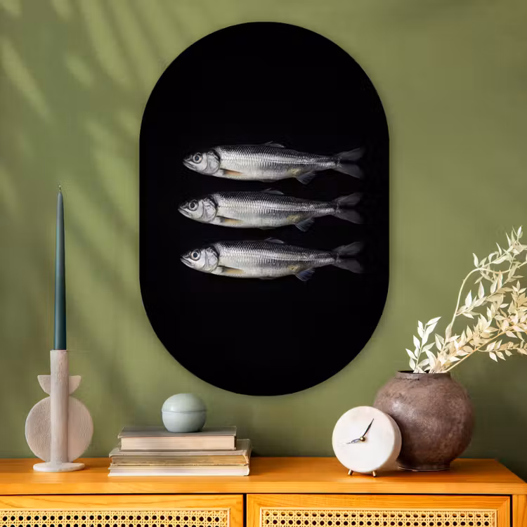 Haring - Vissen - Zwart Wandcirkel Ovaal Glas middel -sfeer2