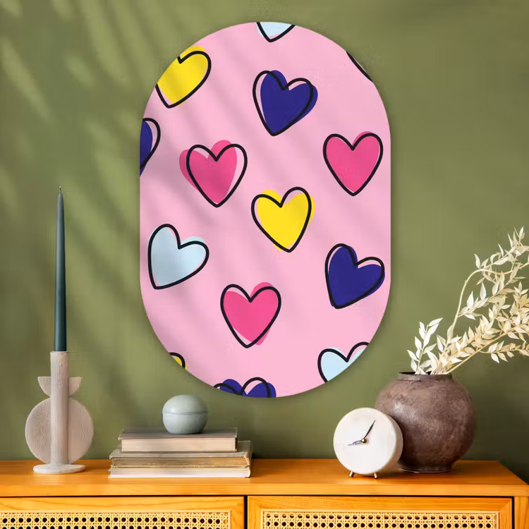 Hartjes - Valentijn - Patroon - Kleurrijk Wandcirkel Ovaal Glas middel -sfeer2