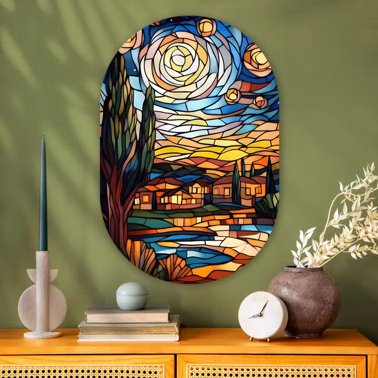 Hemel - Sterren - Mozaïek - Huizen Wandcirkel Ovaal Glas middel -sfeer2