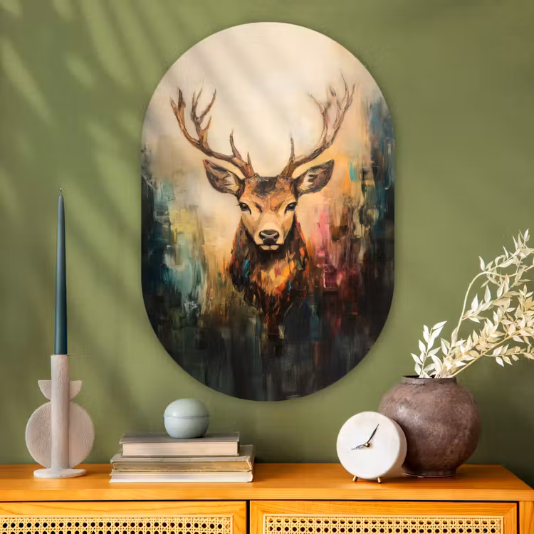 Hert - Geverfd - Gewei - Bruin Wandcirkel Ovaal Glas middel -sfeer2