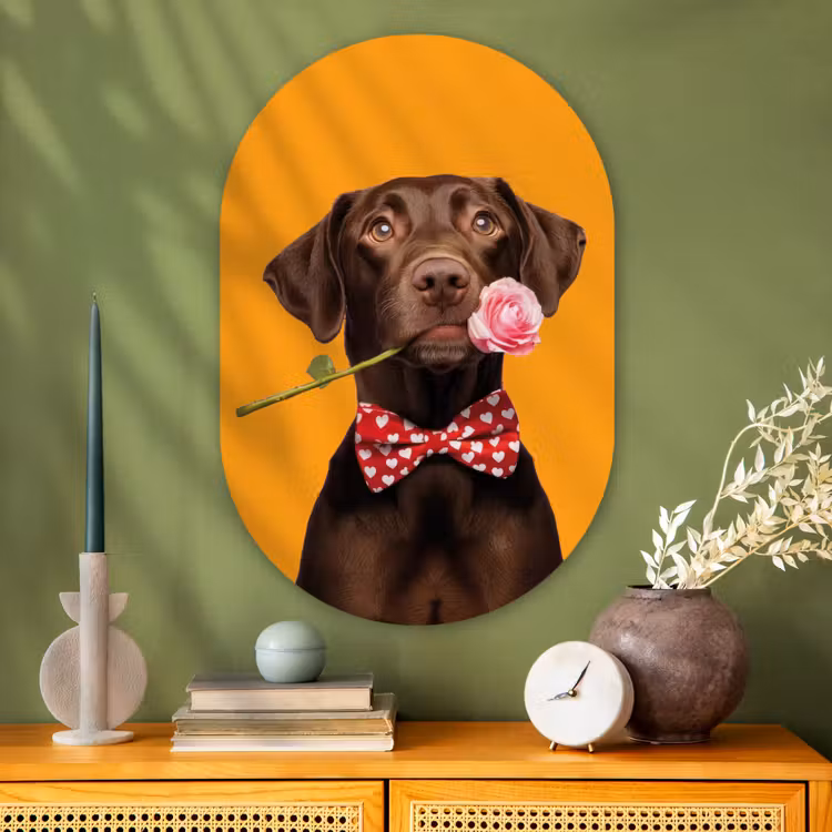 Hond - Oranje - Roos - Valentijn Wandcirkel Ovaal Glas middel -sfeer2