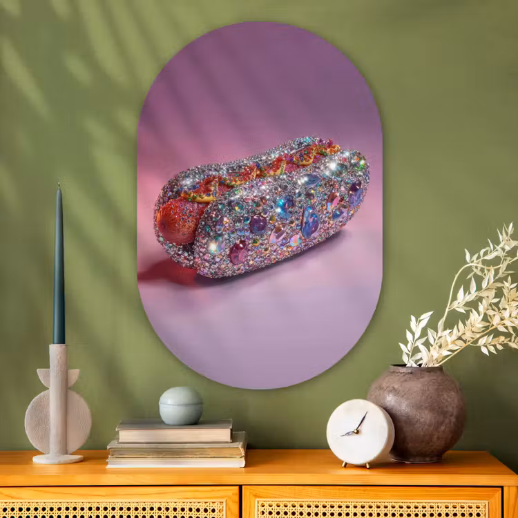 Hotdog - Steentjes - Glitters - Paars Wandcirkel Ovaal Glas middel -sfeer2
