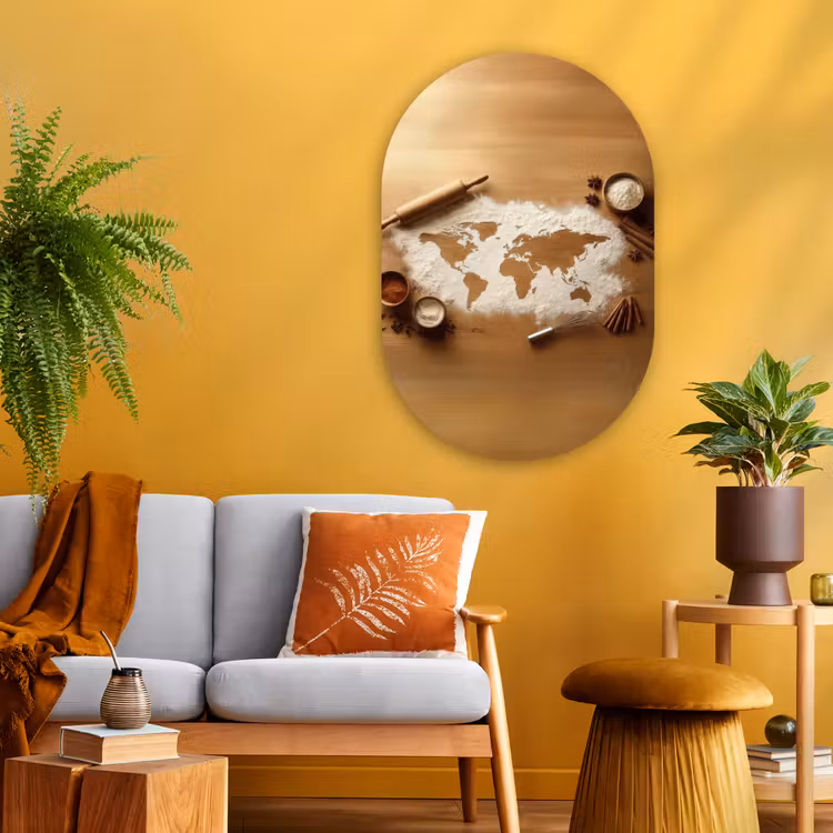 Hout - Wereldkaart - Bakken - Keuken Wandcirkel Ovaal Glas middel -sfeer4