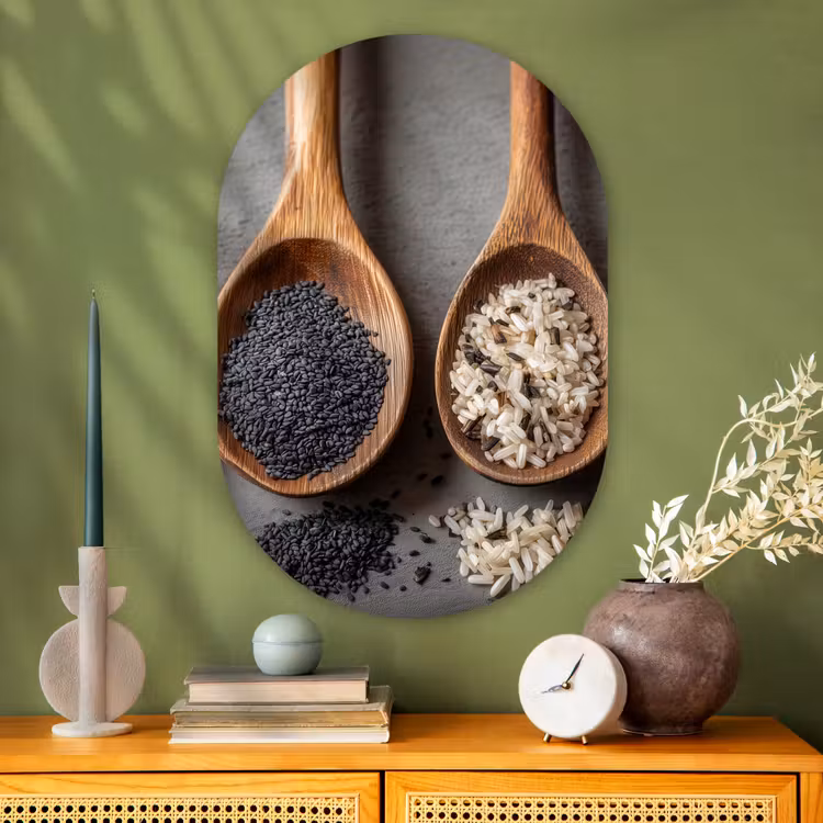 Houten - Lepels - Rijst - Zaden Wandcirkel Ovaal Glas middel -sfeer2
