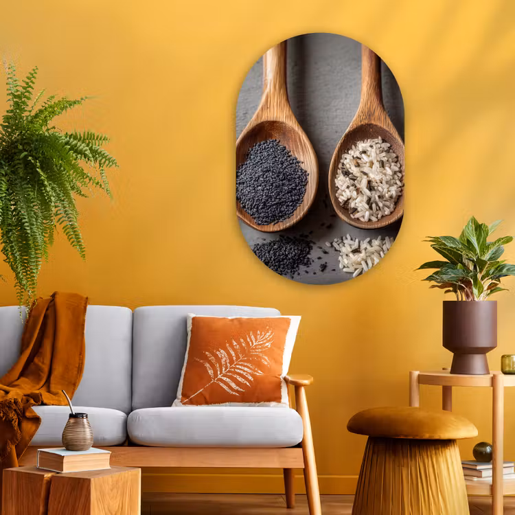 Houten - Lepels - Rijst - Zaden Wandcirkel Ovaal Glas middel -sfeer4