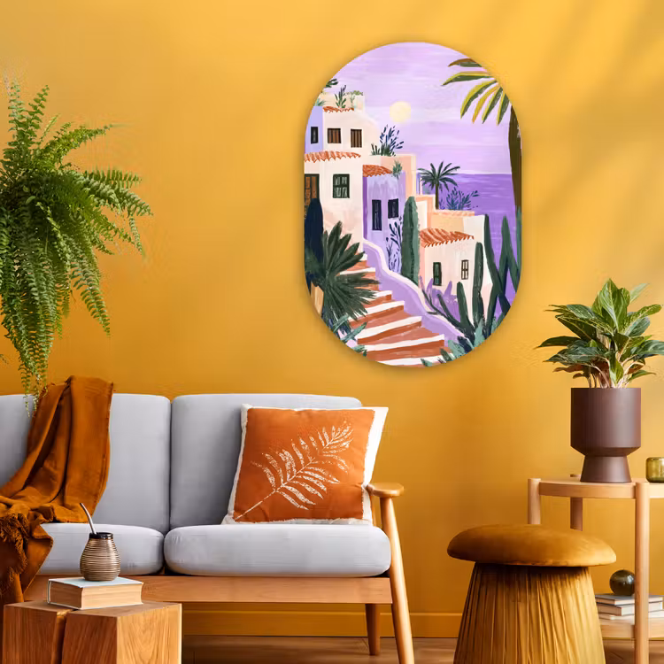 Huizen - Minimalistisch - Palmbomen - Kust Wandcirkel Ovaal Glas middel -sfeer4