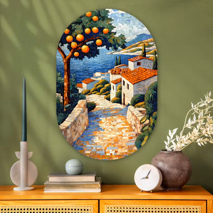 Huizen - Mozaïek - Sinaasappelbomen - Zee Wandcirkel Ovaal Glas middel -sfeer2